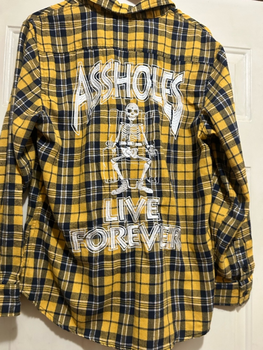 Assholes Live Forever Plaid Flannel Shirt Skeleton Graphic Back!